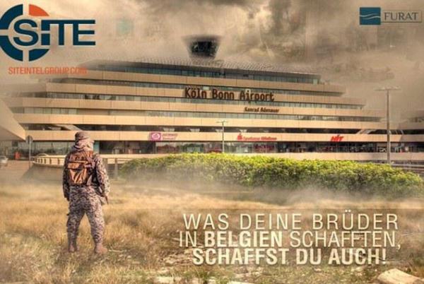 以科隆波恩机场为背景的图片上用德语写着：你的兄弟们在比利时做到的，你也做得到！